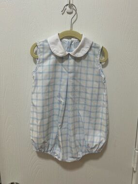 Lullabyset windowpane Blue&White Toddler Boy Sz 3T Bubble Romper Peterpan collar